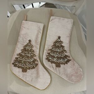 Elegant Pale Pink Velvet & Cream Pearl and Gold Christmas Stockings Set of 2